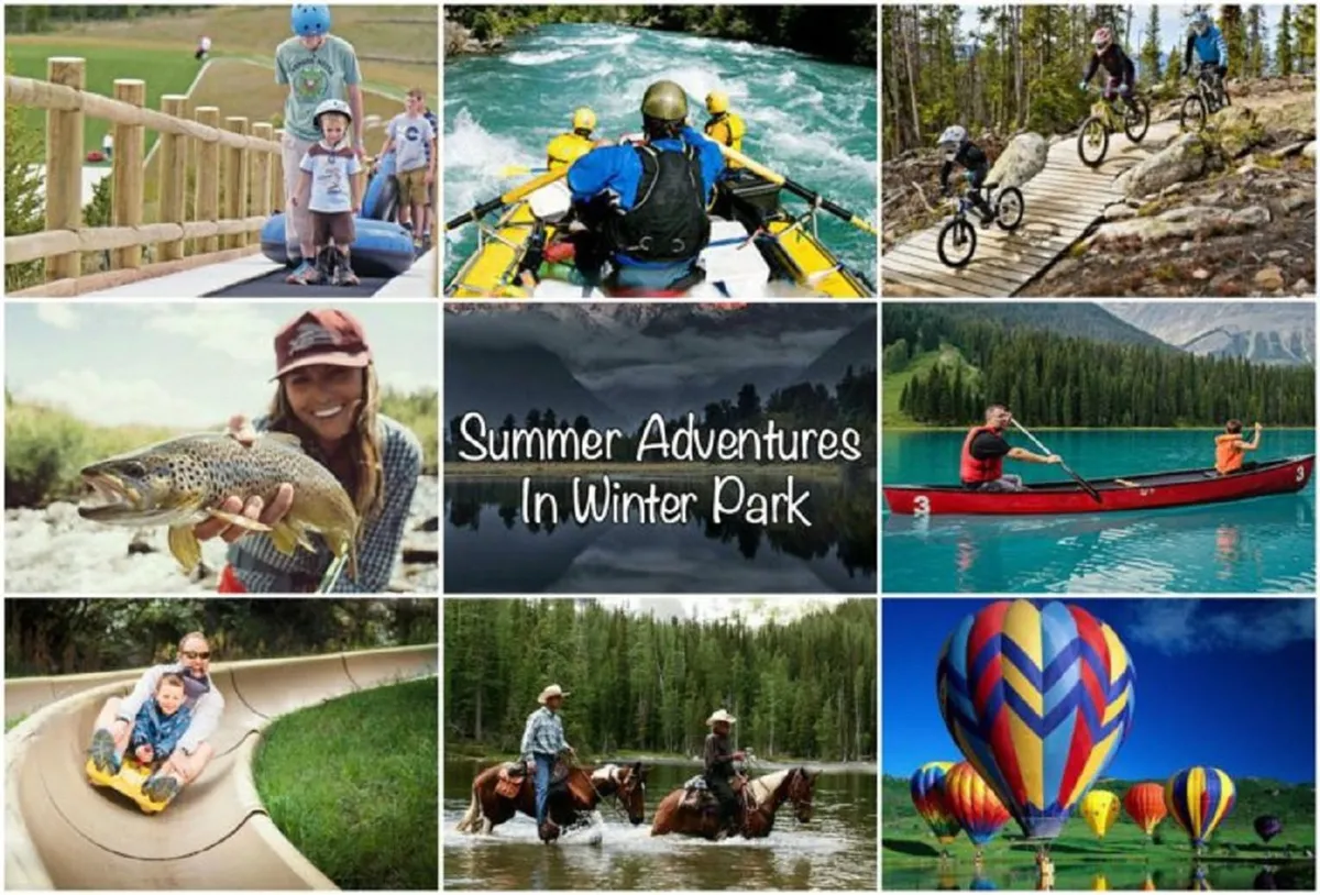This vibrant exterior image showcases a montage of outdoor family activities including rafting, kayaking, biking, and hiking set against lush nature and summer event scenes. The atmosphere is energetic and joyful, capturing the essence of active summer adventures in the Colorado outdoors.