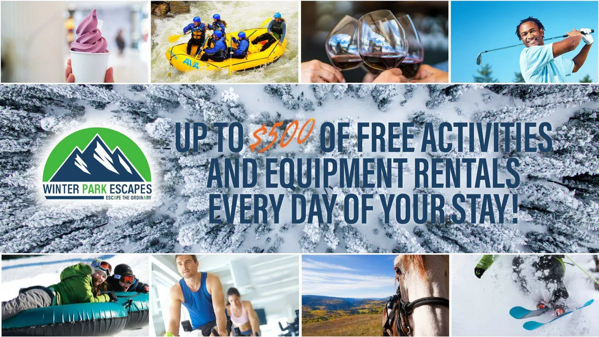 A vibrant display of the Winter Park Escapes guest program, featuring imagery of guests enjoying diverse adventures such as rafting, skiing, horseback riding, and fine dining. This promotional graphic is energetic and visually ties in the curated experiences available to guests.