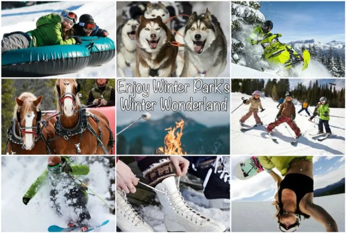 A lively winter scene bustling with activity: families and children enjoy tubing, a team of huskies prepares for dog sledding, snowmobiles are in action, and a horse-drawn sleigh glides by. There’s also a cozy fire and young skiers, all set against a snowy backdrop.